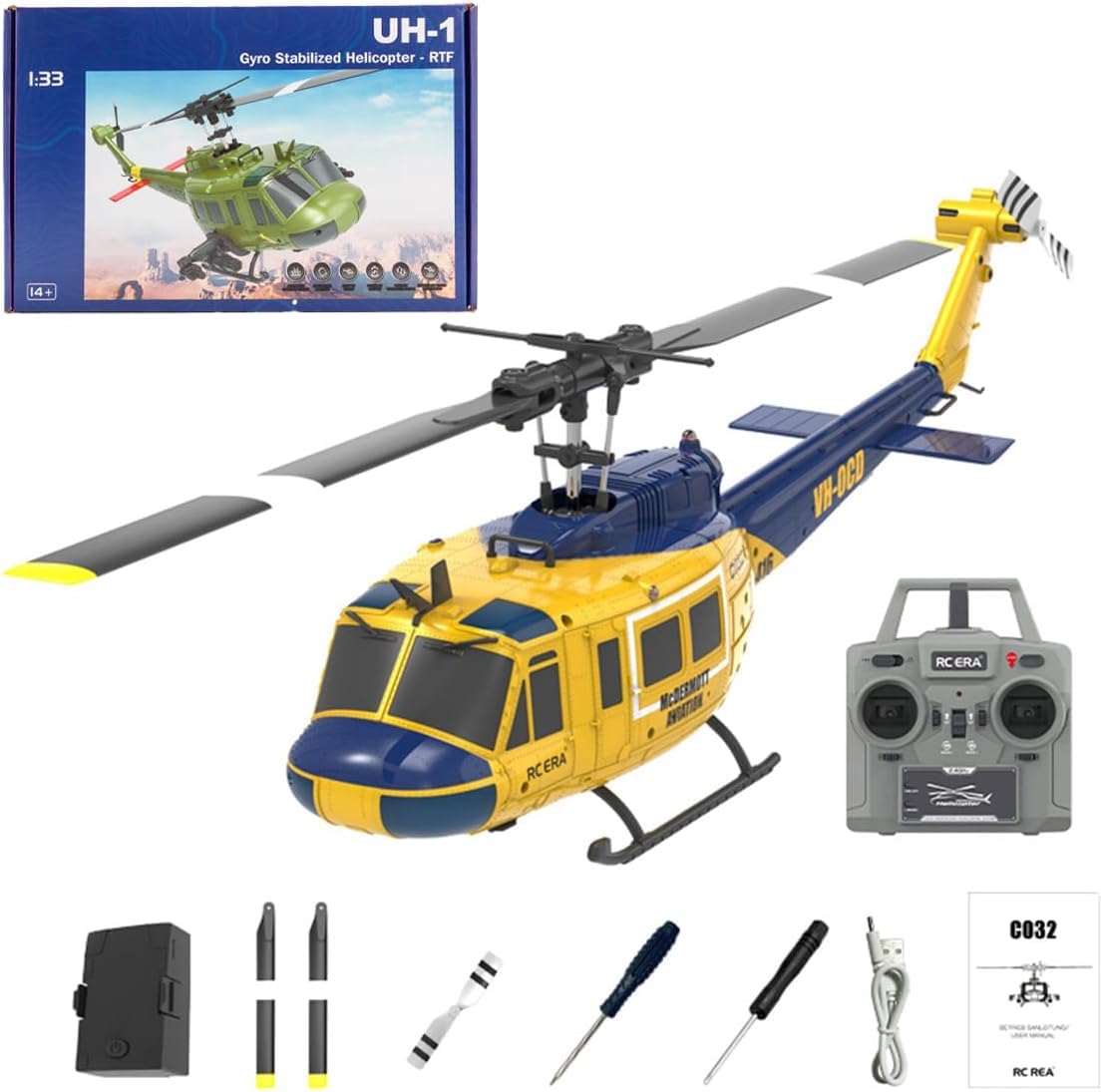 Photo 1 of NBJIALIN RC ERA C032 UH-1 Huey Helicopter - Remote Control Helicopters for Adult, 1/48 Sacle 2.4G 6CH Gyro Stabilized Aircraft with Altitude Hold & Optical Flow,3D Stunt Drone (Yellow)