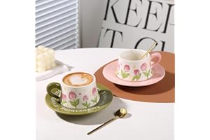 Cute Tulip Ceramic Coffee Mug & Saucer Set for Women, Spring Floral Embossed Design, 10.2oz / 300ml Tea Cup Set for Home & Of