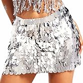 Zoestar Sparkly Sequin Skirt Silver Fringe Rave Disco Skirts for Women