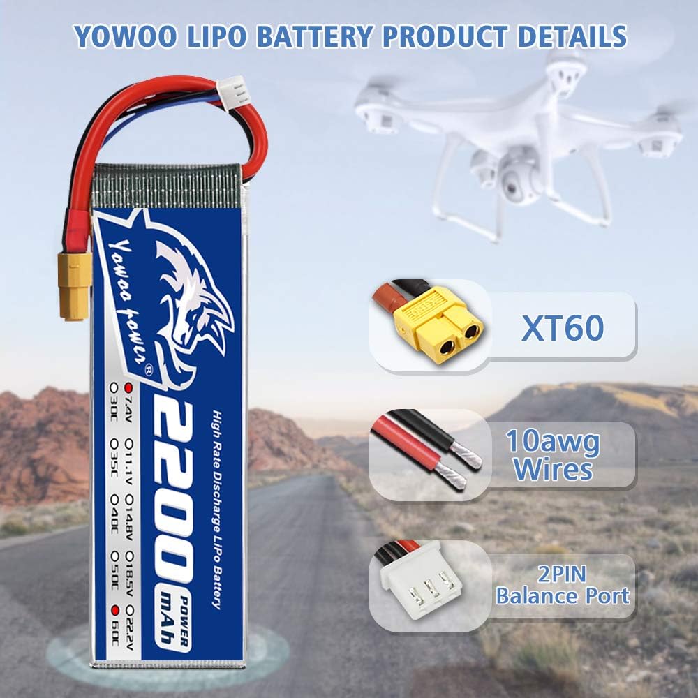 Yowoo 2 Pack 2S Lipo Battery 2200mAh 7.4V 130C Soft Case Graphene Battery with XT60 and Deans T Plug for RC Evader BX Car Truck Truggy RC Quadcopter Helicopter Airplane UAV Drone FPV RC Models - Image 4