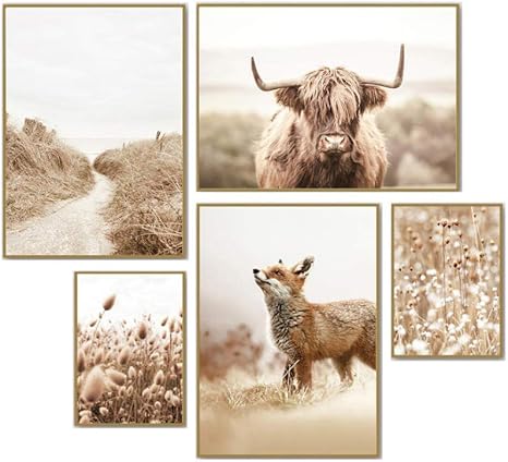 Amazon キツネハイランドキャトルポスターリード秋風景壁アートパネル北欧モダンキャンバス絵画インテリアスカンジナビア版画風景写真リビングルーム装飾いいえフレーム ウォールステッカー オンライン通販