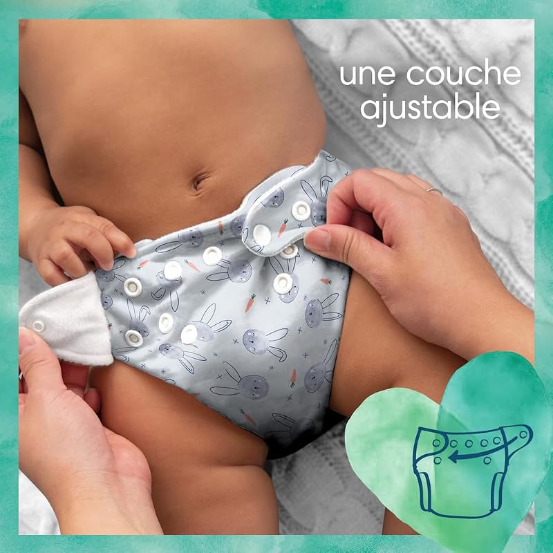 Harmonie Hybrid, 3 Couches Lavables Hybrid, Protège la Peau Sensible des Bébés, Avec des Ingrédients d’Origine Végétale et 0% de Parfum, Motifs Mignons