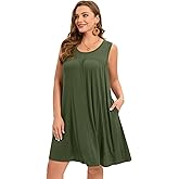 BELAROI Women Plus Size Summer Dresses Beach Sundress Casual Swing Scoop Neck Pleated Sleeveless Tshirt Tank Dress Swimsuit Cover Ups with Pockets (1X, Army Green)