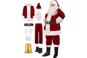SOMOYA Christmas Santa Claus Costume with Beards Santa Suit Adult Men Deluxe 9PCS Complete Deluxe Santa Outfit Set Burgundy