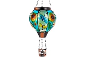 SUNNYGARDEN Hot Air Balloon Solar Lantern, Dragonfly Solar Powered Hot Air Balloon Lantern Outdoor Waterproof, Glass Hanging Hot Air Balloon Solar Light for Outdoor Patio Garden Decor