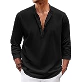 Karlywindow Mens Linen Henley Shirts Long Sleeve Hippie Yoga Summer Beach Casual Henleys T-Shirt