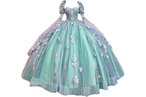 Dydsz Women's Sparkly Tulle Flowers Quinceanera Dresses with Sleeves Long Prom Dress Sweet 16 Ball Gown