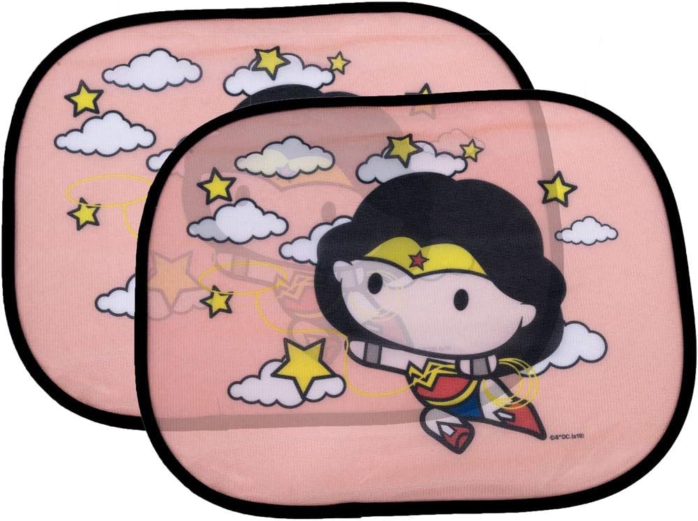 (2 Pack) Cute Chibi Wonder Woman Side Car Window Sun Shade - 17"x13" Licensed DC Comics Superhero Cling Sunshade for Glare-UV Ray Protection for You and Your Child Baby&ndash;Universal Fit for Car Sedan Tru