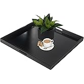 24" Square Large Ottoman Tray, Wood Serving Tray with Handle, Modern Extra Large Black Decorative Trays for Living Room Coffee Table Home