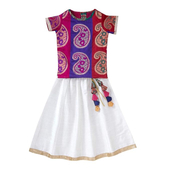 The Magic Wand By Hopscotch Girls Poly Cotton Cap Sleeve Pattu Pavadai, Paisley Brocade Choli With Blouse in Multi Color