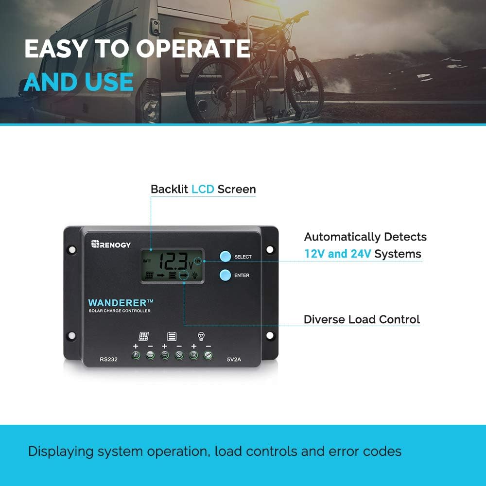 Renogy Wanderer 10 Amp 12V/24V PWM Negative Ground Solar Charge Controller Regulator Compatible with Bluetooth Module : Garden & Outdoor
