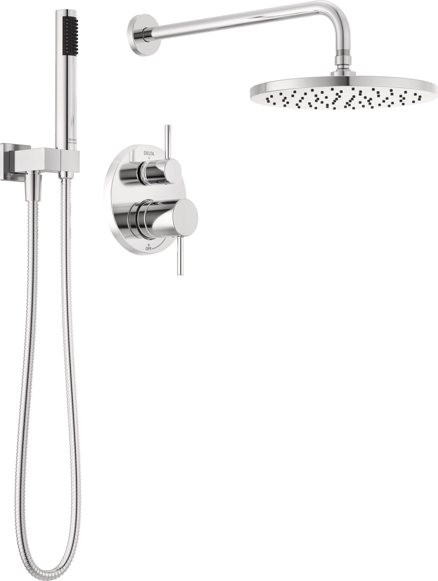 Photo 1 of Delta Faucet Modern Raincan 2-Setting Round Shower System Including Rain Shower Head and Handheld Spray Chrome, Rainfall Shower System Chrome, Shower Valve and Trim Kit, Chrome 342702