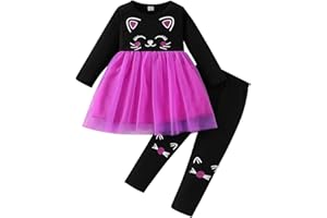 HSOXLQF Toddler Kid Girl Clothes Cat Print Tulle Long Sleeve Dress + Pants Outfits Girl Fall Winter 2-Piece Set