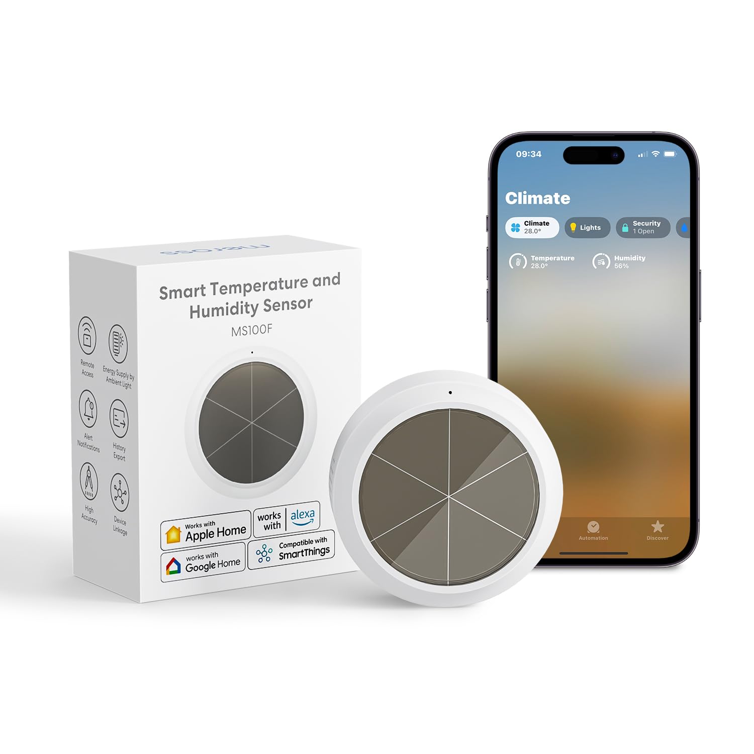 Photo 1 of meross WiFi Thermometer Hygrometer, Meross Hub Required, Battery-Free Smart Humidity and Temperature Sensor with Solar Powered, Remote Monitor Support Apple Home, Alexa, Google Home and SmartThings