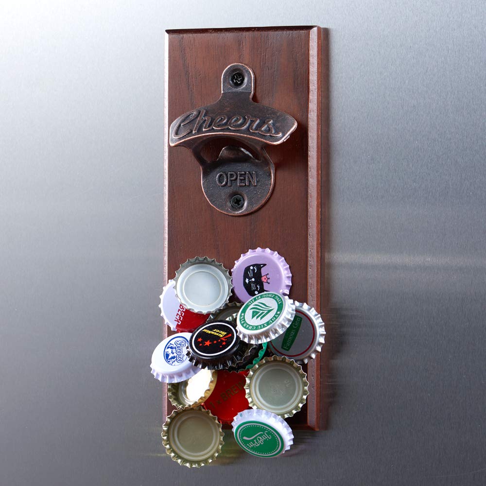 Magnetic Bottle Opener with Cap Catcher, Wooden Wall Mounted Opener, Favorite for Beer Lovers, Use as Kitchen-Yard-Bar Decoration.…