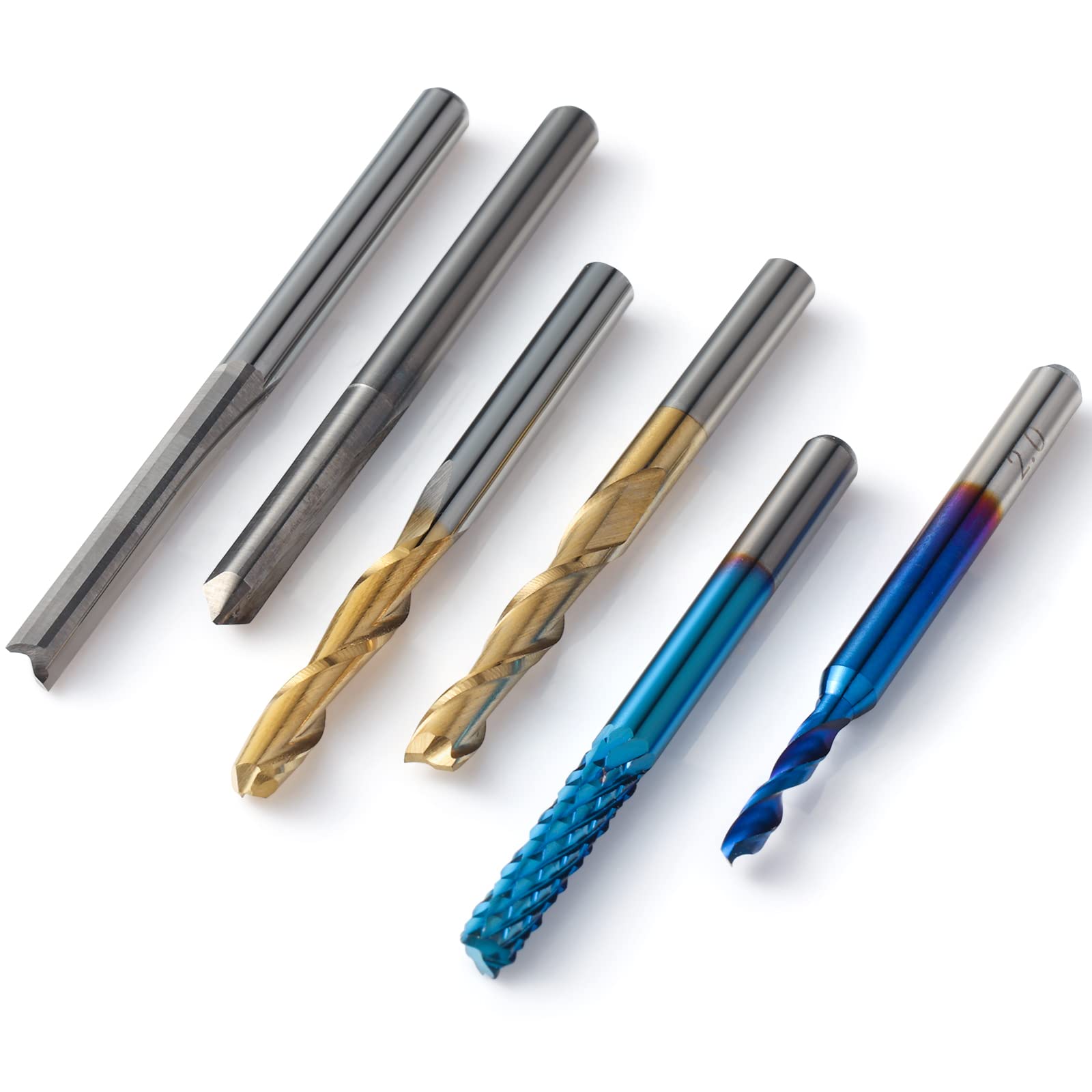 50pcs Tungsten Carbide End Mill Router Bits, 1/8'' Shank CNC Bit Set Including 2-Flute Straight Bit, Flat Nose & Ball Nose End Mill, PCB Drill & V-Groove Engraving Bits, Nano Blue Coat, MC50A