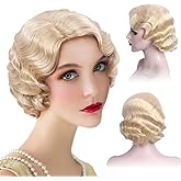 REEWES Long 1920s Wig Finger Wave Wig 613 Curly Short Wig Vintage Wigs for Women Lady Synthetic Heat Resistant Full Wigs Cosplay Costume Fancy Dress With Wig Cap (Light Blonde)