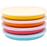 WeeSprout Bamboo Plates with Silicone Lids, Set of 4, Kid-Sized Dinnerware, Cereal, Leftovers & Snacks, Dishwasher Safe Melamine Dishware (Blue, Yellow, Orange, and Red)