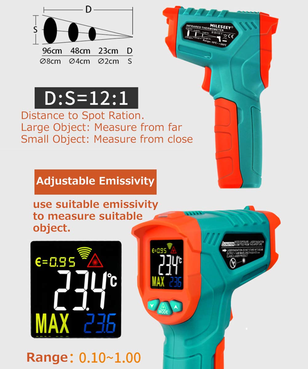 Mileseey MC818A Infrared Thermometer IR Temperature Gun 12 Laser Digital Non-Contact Tester -58℉~716℉(-50℃~380℃) with Adjustable Emissivity&Max Measure for Kitchen Cooking Meat Automotive (MC818A)