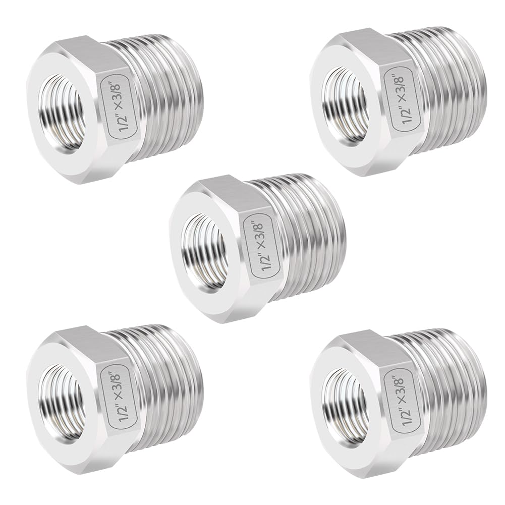 Quickun Stainless Steel Reducing Hex Bushing, 1/2" Male NPT to 3/8" Female NPT, Reducer Bushing Pipe Hose Fitting （Pack of 5）