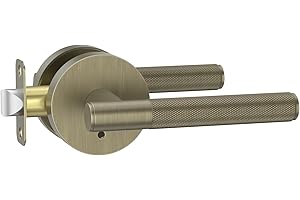 Amerdeco 1 Pack Brushed Antique Brass Door Handles Interior, Knurled Privacy Door Handles, Heavy Duty Door Lever for Bedroom 