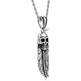 BIYONGDE Mens Vintage Feather Skull Pendant, 24 inches Chain Necklace, Stailess Steel, Gothic Hiphop