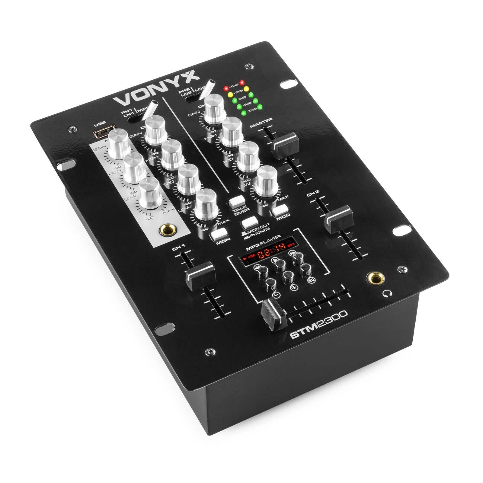 Vonyx Stm-2300 Table De Mixage 2 Canaux – Entrée Rca Phono/Ligne Commutable, Sortie Principale Rca Et Sortie Casque, Egaliseur 3 Bandes Sur Les Canaux, Egaliseur 2 Bandes Mic, Idéal Pour Dj Mobile