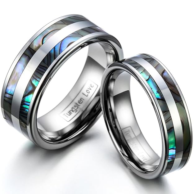 JewelryWe Schmuck 1 Paar Wolfram Wolframcarbid Poliert mit Abalone Muscheln Inlay Partnerringe Freundschaftsringe Eheringe Tr