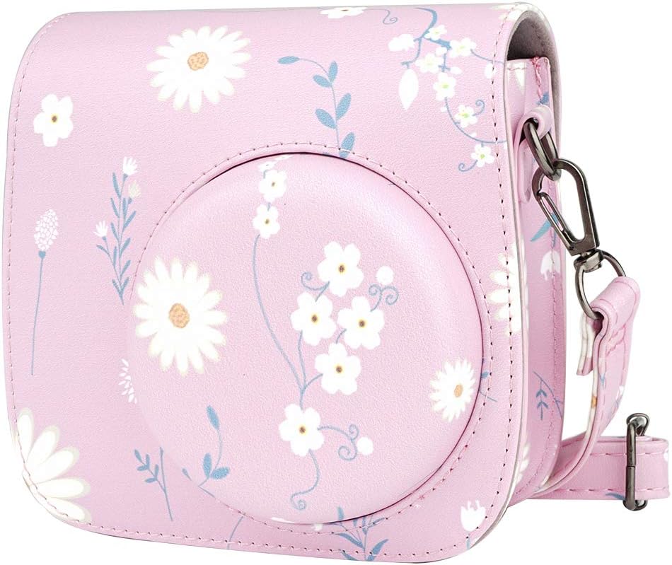 Cpano Mini PU Leather Camera Case Bag for Fujifilm Instax Mini 9/Mini8/Instant Film Camera,with Adjustable Shoulder Strap. (Pink Daisy)