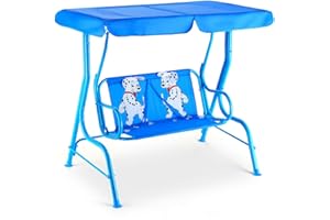 ReunionG Kids Porch Swing, 2 Seats Children Swing Chair w/Safety Belt & Adjustable Hammock Canopy, Kids Patio Swing Bench for Outdoor