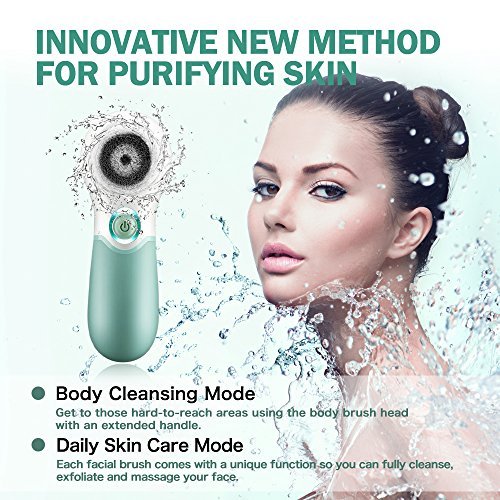 Facial Cleansing Brush, 7-in-1 Waterproof Portable Wireless Charging Cleaning brush with 2 Speed Settings for Skin Care (Green)