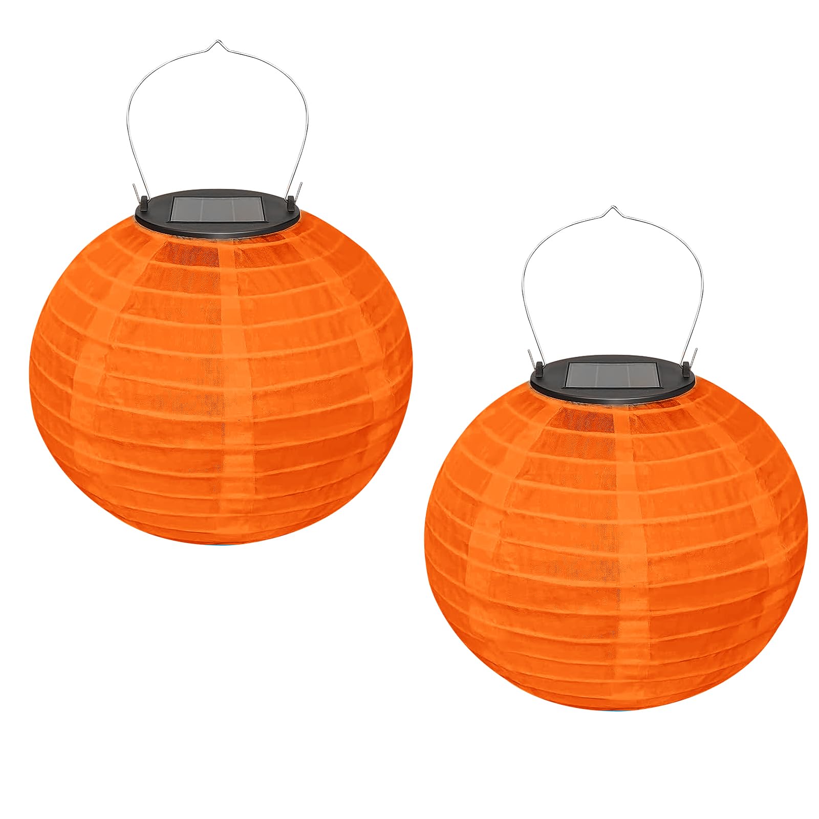 Ledeak 2 Pcs Solar Lantern, Round Ceiling Polyester Light Shade Lantern with Solar Rechargeable LED Lights, 20 cm Chinese Oriental Style Lamp Shade Lantern for Outdoor Garden Festival Decor (Orange)