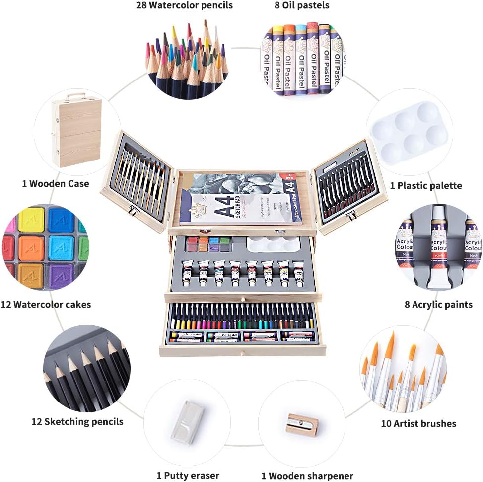 Professional Art Set 85 Piece with Drawing Pads, Deluxe Art Kit in Portable Wooden Case-Painting & Drawing Set, Art Supplies for Kids, Teens and Adults/Perfect Gift，Painting Supplies (White)