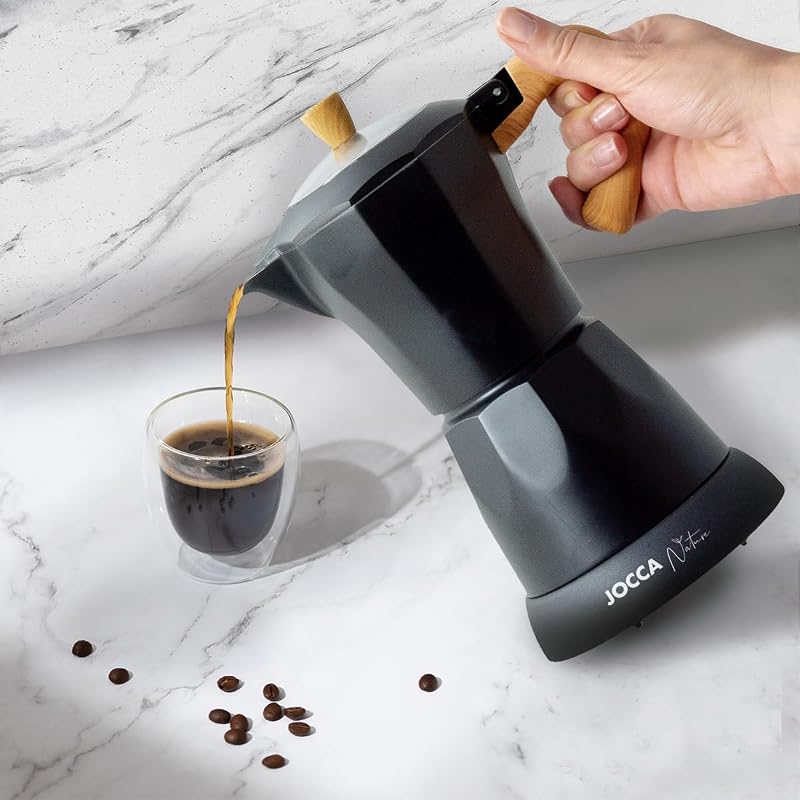 - Cafetera Italiana Eléctrica 6 Tazas | Línea Nature | Base giratoria 360º | Sistema “Siempre Caliente” | Apagado automático | Asa toque frío | Tapa transparente | Color negro