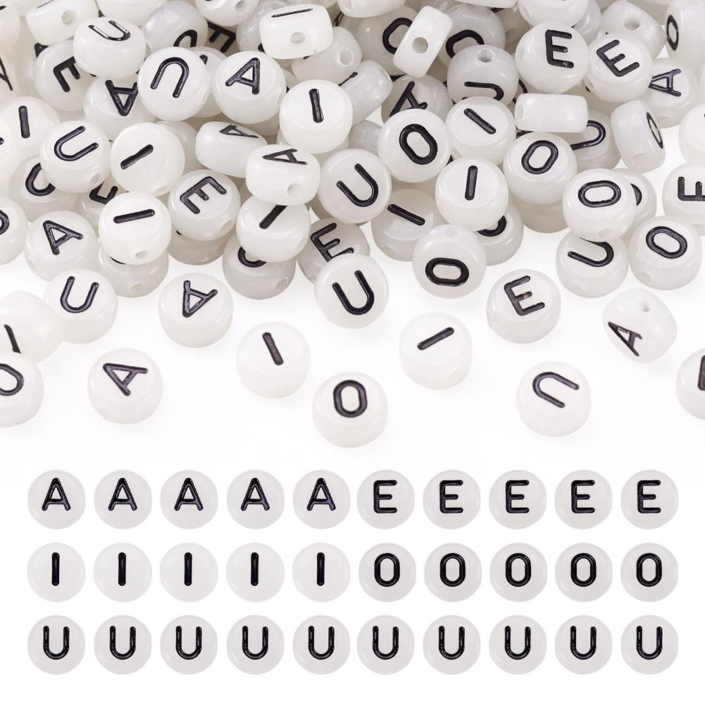 Cheriswelry 500pcs Vowel Alphabet Luminous Disc Beads - 7mm Flat Round Coin Letter Spacer Beads for Jewelry Making, Beading Art, Craft, DIY Bracelets