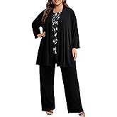 WTJIAPAI Plus Size Mother of the Bride 3 Piece Pantsuit Set with Embroidered Sequin Applique Vestfor Wedding Guest Outfit