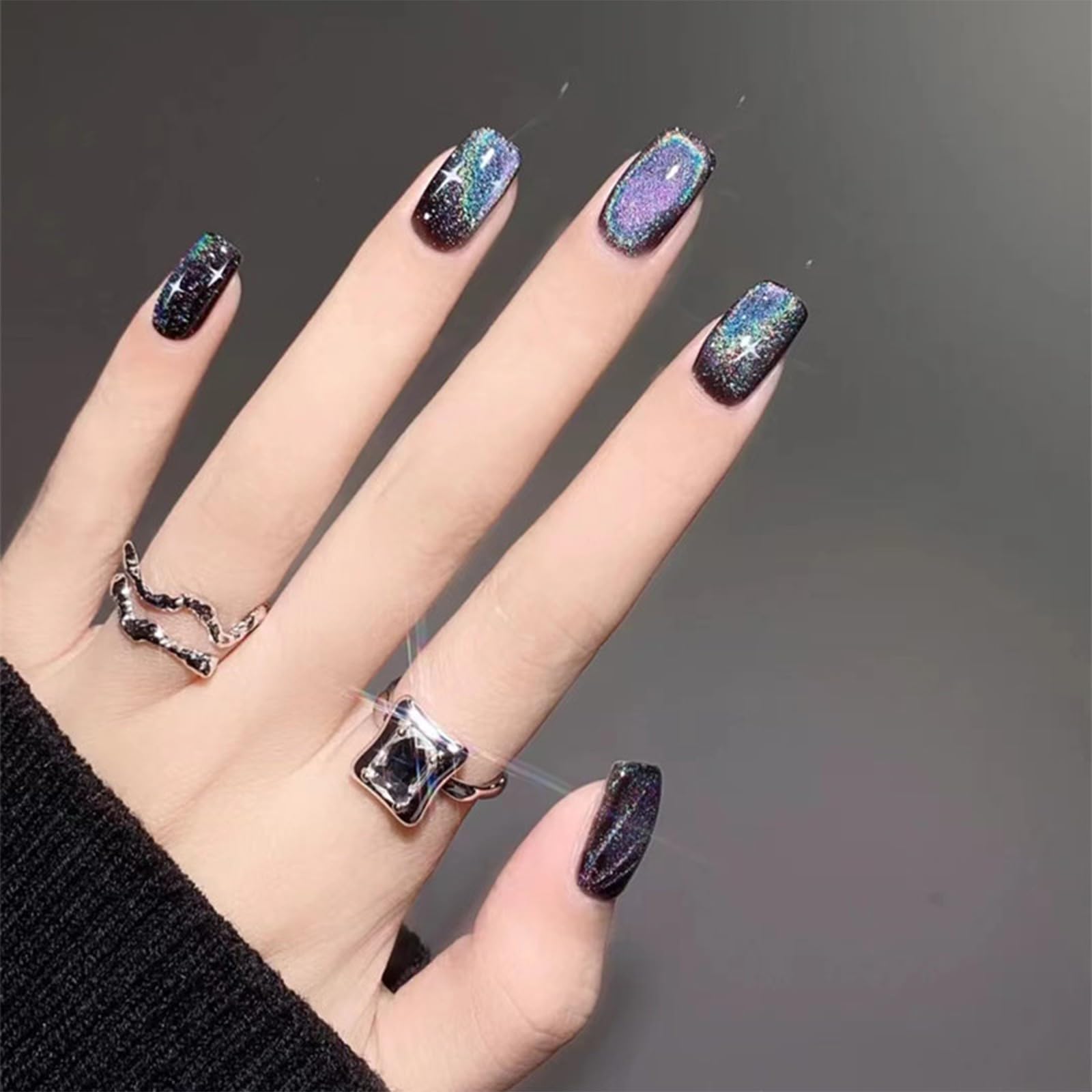 Black Press On Nails Short Glossy Glitter Fake Nails Stick On Nails for Cat Eye Colorful Acrylic Fake Nails Gel Polished Glue on Nails for Women Girls 24Pcs