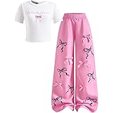 WDIRARA Girl's 2 Piece Outfits Bow Graphic Tee Wide Leg Baggy Pants Set Cute Outfits