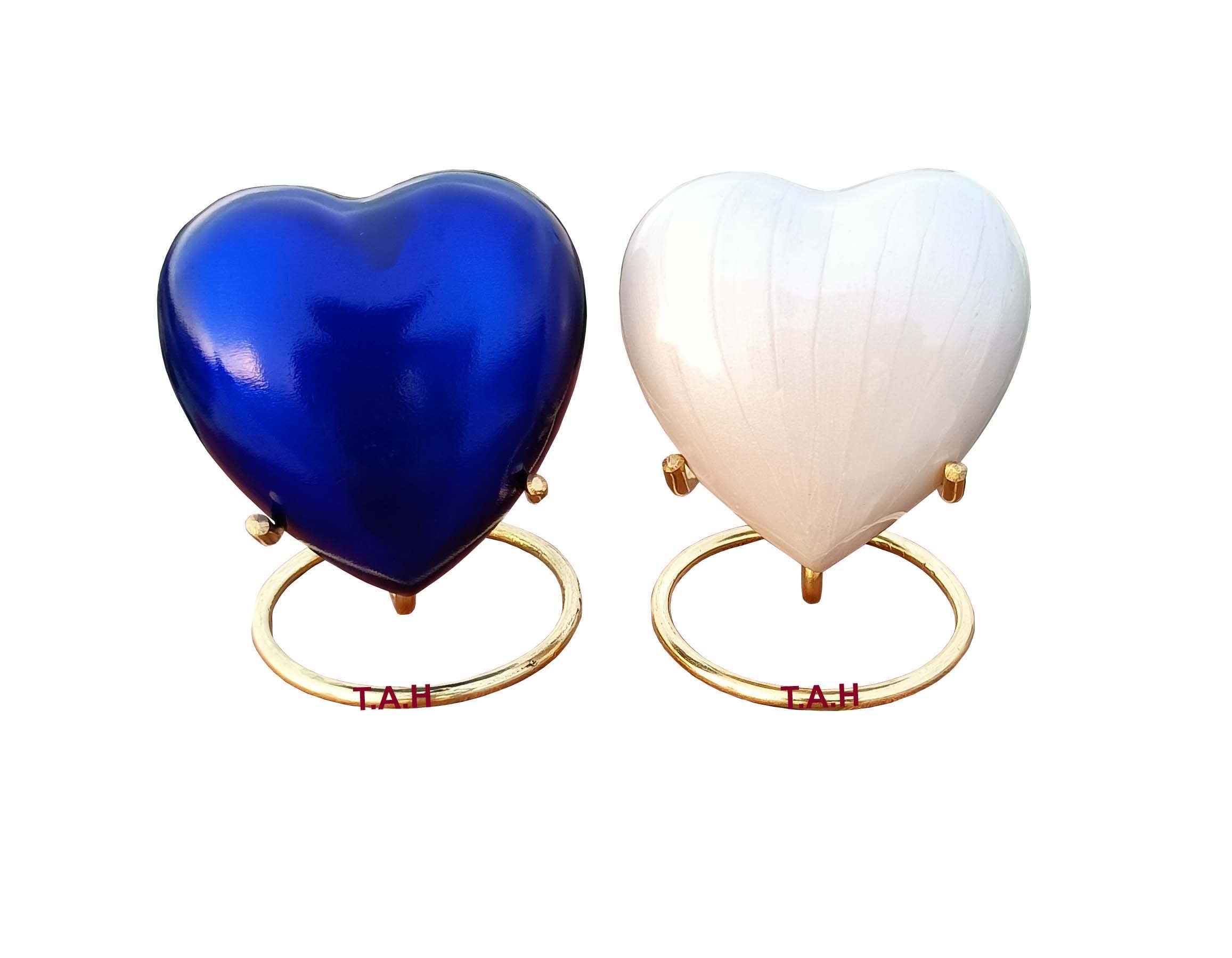 White and Blue Urn Set of 2 Keepsake Mini Heart Cremation Urn with Brass Stand - for Your Loved One Lost & Human Ashes