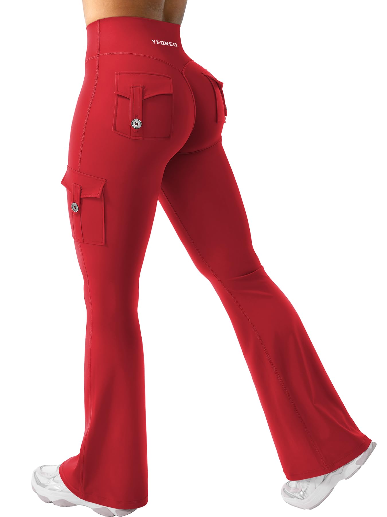 Photo 1 of YEOREO CoreFlex Women Workout Flare Leggings with Pockets Hidden Scrunch High Waisted Cargo Gym Yoga Leggings Red XL
