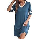 Braroz Nightgowns for Womens Short Sleeve Sleepwear Color Block V Neck Soft Sleep Shirts Dress with Pockets