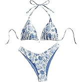 WDIRARA Women's 2 Piece Bikini Set Seashell Halter Triangle String Swimsuit High Cut Bathing Suit