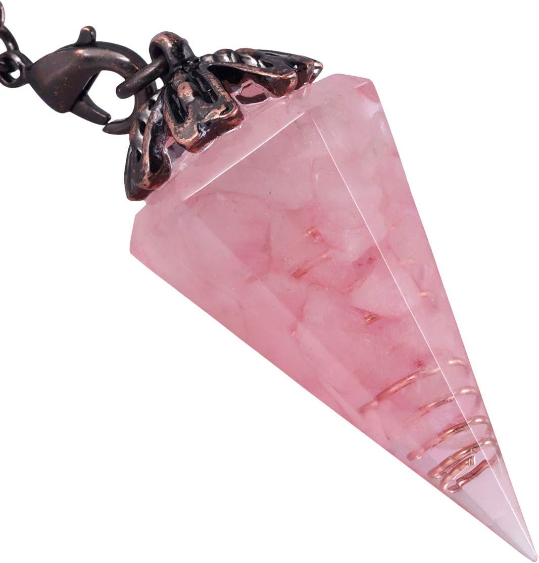 Nupuyai Rose Quartz Vintage Crystal Point Dowsing Pendulum for Divination Scrying Healing Faceted Hexagonal Resin Chip Stone Pendulum with Chain - Image 3