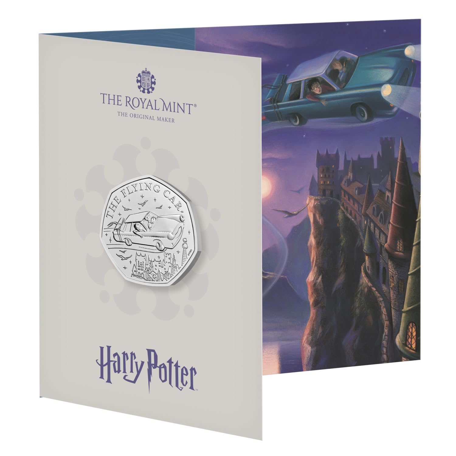 The Royal Mint – Harry Potter Flying Car 2025 Brilliant Uncirculated Official UK 50p Coin, Celebrating an Iconic Storybook Scene in Decorative & Collectible Fold-Out Packaging