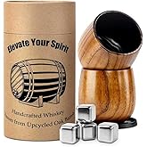 Luxury Wooden Whiskey Glass Gift Set for Men – 2 Handcrafted Carbonized Wood Tumblers with Reusable Metal Ice Cubes & Coasters, Premium Barware Gift Box for Bourbon Lovers for Dad