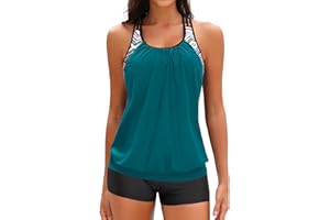 Yonique Two Piece Tankini Bathing Suits T-Back Blouson Swim Tops with Boy Shorts Women Swimsuits Sporty Swimwear