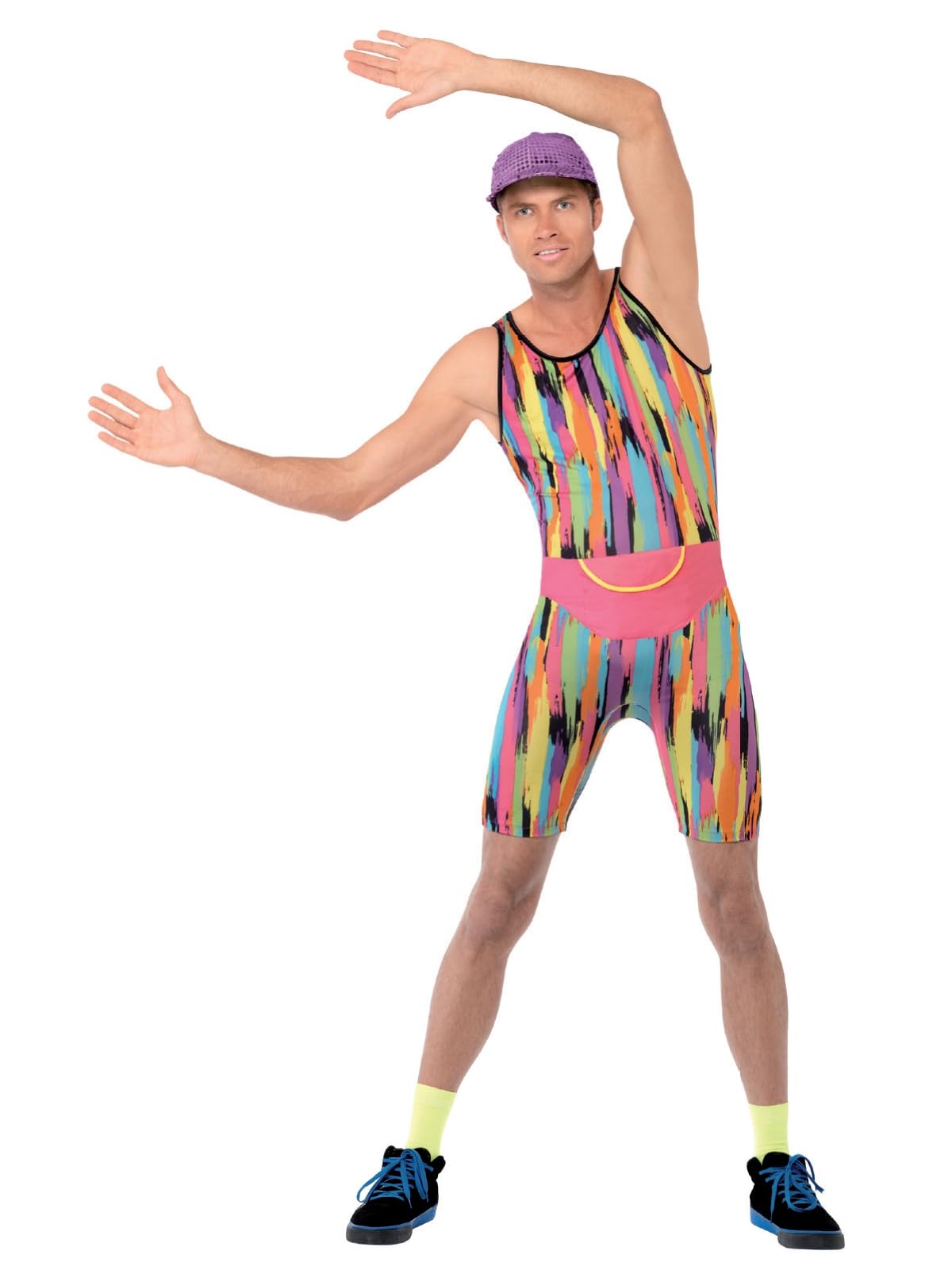 Smiffys Aerobics Instructor Costume, Multi-Coloured Bodysuit, Hat & Bum Bag, Fancy Dress, Adult Dress Up Costumes