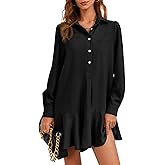 Fisoew Womens Casual Button Down Shirt Dress Long Sleeve Collared Pleated Swing Mini Dresses