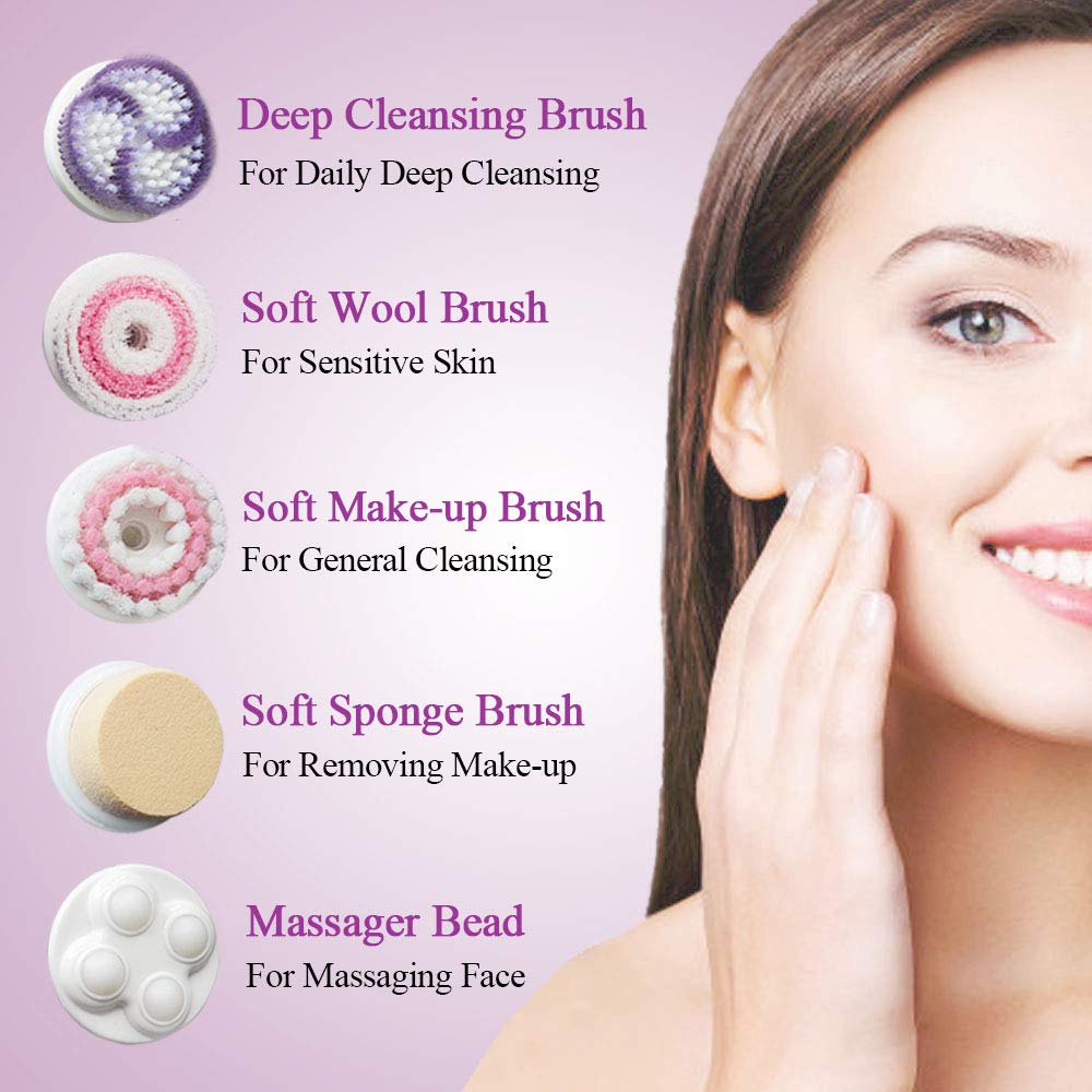 Cozy Sunday Facial Cleansing Brush, Waterproof Face Spin Brush Set with 5 Brush Heads, Facial Cleanser Brush for Skin Care, Deep Cleansing, Gentle Exfoliating, Removing Blackhead, Massaging