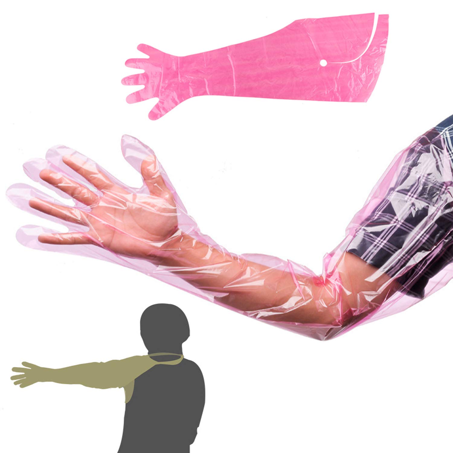 YouU 10 Pcs Pink Disposable Soft Plastic Film Gloves Long Arm Veterinary Examination Artificial Insemination Glove (Can be hung around the neck)